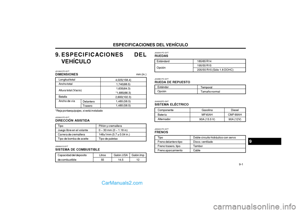 Hyundai Matrix 2004 Manual del propietario (in Spanish) ESPECIFICACIONES DEL VEHÍCULO 9-1
Diesel
CMF 68AH 90A (12V)
9. ESPECIFICACIONES DEL
VEHÍCULO J030A01FC-GYT RUEDAS
Estándard Opción
185/65 R14 195/55 R15205/55 R15 (Sólo 1.8 DOHC)
J010A01FC-GYT D Hyundai Matrix 2004 Manual del propietario (in Spanish) ESPECIFICACIONES DEL VEHÍCULO 9-1
Diesel
CMF 68AH 90A (12V)
9. ESPECIFICACIONES DEL
VEHÍCULO J030A01FC-GYT RUEDAS
Estándard Opción
185/65 R14 195/55 R15205/55 R15 (Sólo 1.8 DOHC)
J010A01FC-GYT D