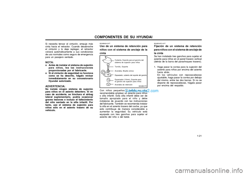 Hyundai Matrix 2004 Manual del propietario (in Spanish) COMPONENTES DE SU HYUNDAI 1-21
Si necesita tensar el cinturón, empuje más cinta hacia el retractor. Cuando desabrocheel cinturón y lo deje replegar, el retractorvolverá automáticamente a sus con Hyundai Matrix 2004 Manual del propietario (in Spanish) COMPONENTES DE SU HYUNDAI 1-21
Si necesita tensar el cinturón, empuje más cinta hacia el retractor. Cuando desabrocheel cinturón y lo deje replegar, el retractorvolverá automáticamente a sus con