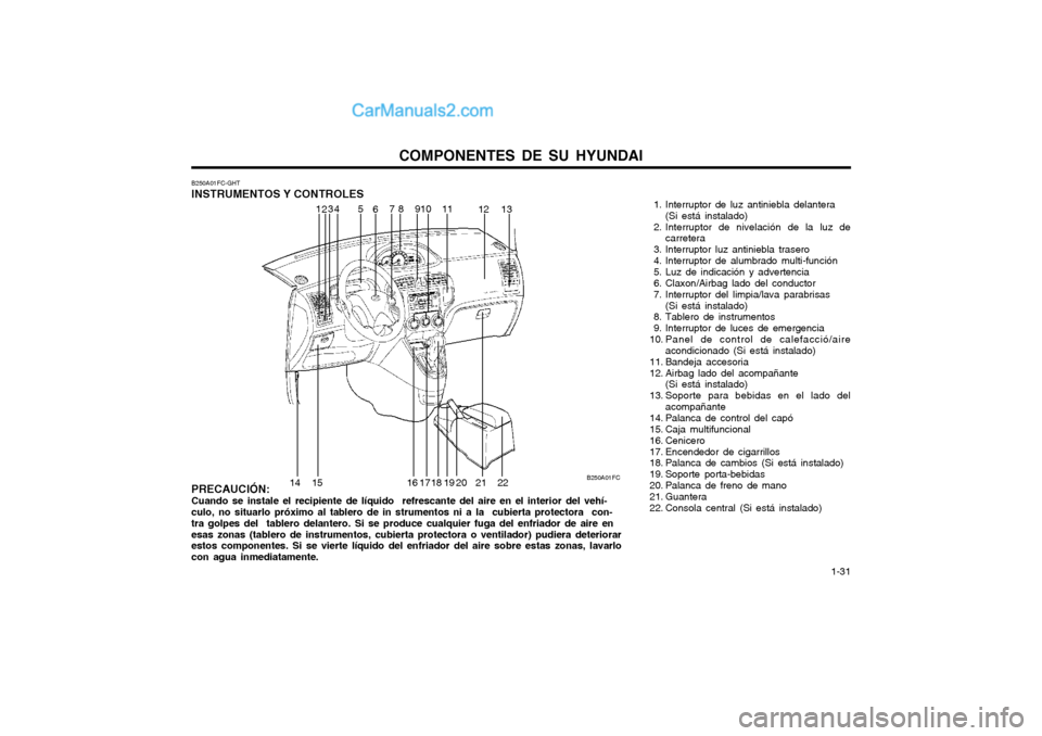 Hyundai Matrix 2004 Manual del propietario (in Spanish) COMPONENTES DE SU HYUNDAI 1-31
PRECAUCIÓN: Cuando se instale el recipiente de líquido refrescante del aire en el interior del vehí-culo, no situarlo próximo al tablero de in strumentos ni a la Hyundai Matrix 2004 Manual del propietario (in Spanish) COMPONENTES DE SU HYUNDAI 1-31
PRECAUCIÓN: Cuando se instale el recipiente de líquido refrescante del aire en el interior del vehí-culo, no situarlo próximo al tablero de in strumentos ni a la