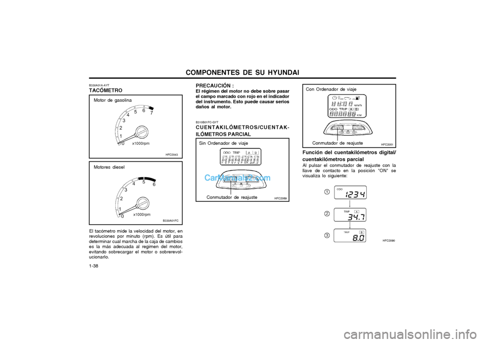 Hyundai Matrix 2004 Manual del propietario (in Spanish) COMPONENTES DE SU HYUNDAI
1-38 El tacómetro mide la velocidad del motor, en
revoluciones por minuto (rpm). Es útil para determinar cual marcha de la caja de cambioses la más adecuada al regimen del Hyundai Matrix 2004 Manual del propietario (in Spanish) COMPONENTES DE SU HYUNDAI
1-38 El tacómetro mide la velocidad del motor, en
revoluciones por minuto (rpm). Es útil para determinar cual marcha de la caja de cambioses la más adecuada al regimen del