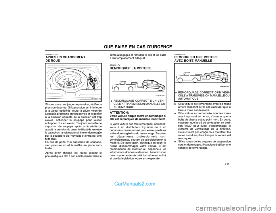 Hyundai Matrix 2004  Manuel du propriétaire (in French) QUE FAIRE EN CAS DURGENCE  3-9
SD090A1-FU REMORQUER UNE VOITURE AVEC BOITE MANUELLE
o REMORQUAGE CORRECT DUN VEHI- CULE A TRANSMISSION MANUELLE OU AUTOMATIQUE
o Si la voiture est remorquée avec les