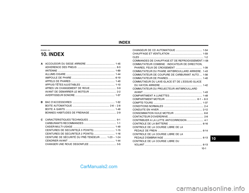 Hyundai Matrix 2004  Manuel du propriétaire (in French) INDEX10-1
A
ACCOUDOIR DU SIEGE ARRIERE ......................................... 1-45
ADHERENCE DES PNEUS ........................................................ 8-3
ANTENNE .........................