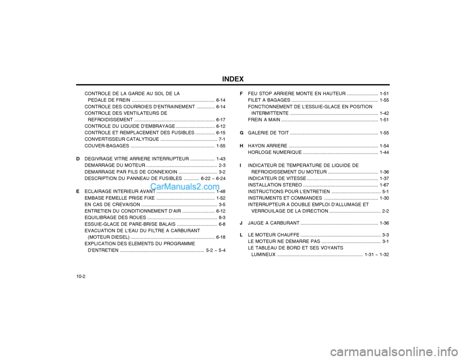 Hyundai Matrix 2004  Manuel du propriétaire (in French) INDEX
10-2 CONTROLE DE LA GARDE AU SOL DE LA
PEDALE DE FREI N ................................................................ 6-14
CONTROLE DES COURROIES DENTRAINEMENT ..............6-14
CONTROLE DE