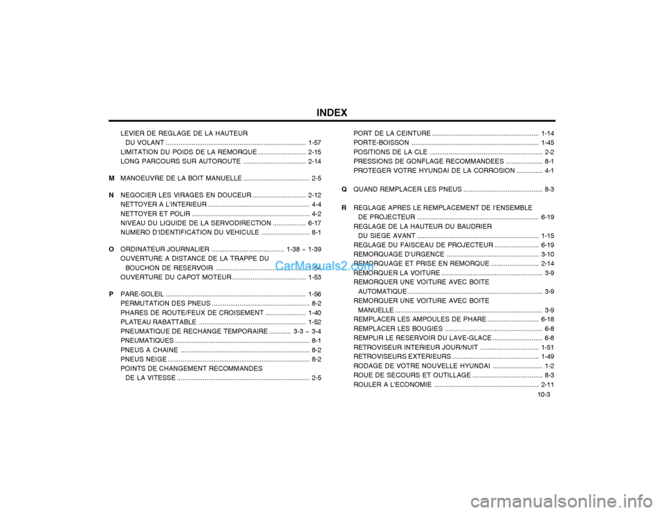Hyundai Matrix 2004  Manuel du propriétaire (in French) INDEX10-3
LEVIER DE REGLAGE DE LA HAUTEUR
DU VOLANT ............................................................................ 1-57
LIMITATION DU POIDS DE LA REMORQUE ..........................2-15

