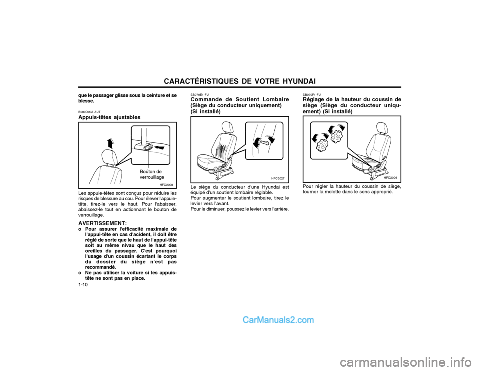 Hyundai Matrix 2004  Manuel du propriétaire (in French) CARACTÉRISTIQUES DE VOTRE HYUNDAI
1-10 SB070F1-FU Réglage de la hauteur du coussin de siège (Siège du conducteur uniqu-ement) (Si installé) Pour régler la hauteur du coussin de siège, tourner l