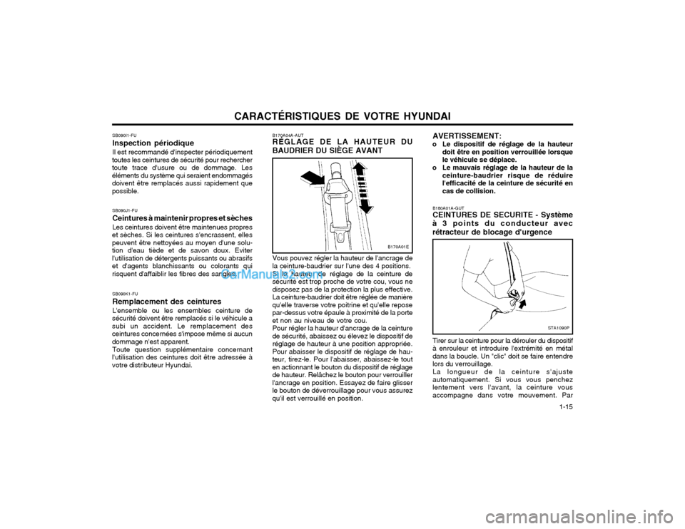 Hyundai Matrix 2004 Manuel du propriétaire (in French) CARACTÉRISTIQUES DE VOTRE HYUNDAI 1-15
SB090I1-FU Inspection périodiqueIl est recommandé dinspecter périodiquement
toutes les ceintures de sécurité pour rechercher toute trace dusure ou de do Hyundai Matrix 2004 Manuel du propriétaire (in French) CARACTÉRISTIQUES DE VOTRE HYUNDAI 1-15
SB090I1-FU Inspection périodiqueIl est recommandé dinspecter périodiquement
toutes les ceintures de sécurité pour rechercher toute trace dusure ou de do