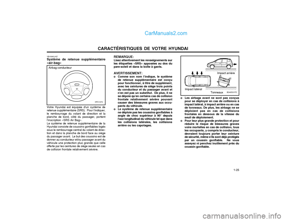 Hyundai Matrix 2004  Manuel du propriétaire (in French) CARACTÉRISTIQUES DE VOTRE HYUNDAI  1-25
YB150A3-AZ Système de retenue supplémentaire «air-bag»
Airbag conducteur
HFC1073
Votre Hyundai est équipée dun système de retenue supplémentaire (SRS)