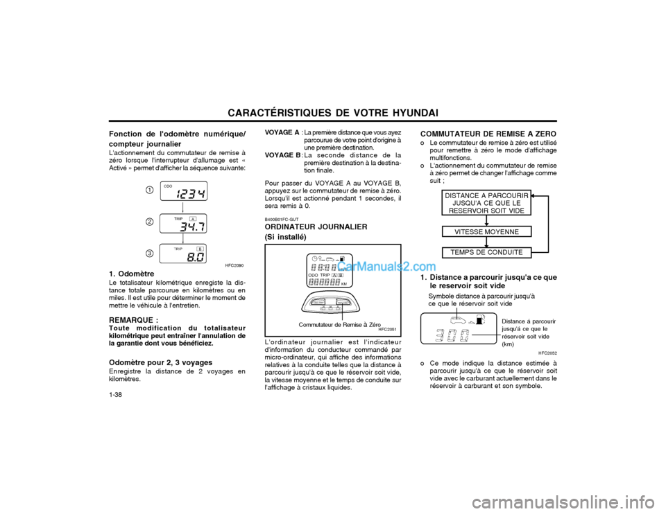 Hyundai Matrix 2004  Manuel du propriétaire (in French) CARACTÉRISTIQUES DE VOTRE HYUNDAI
1-38 Fonction de lodomètre numérique/ compteur journalier Lactionnement du commutateur de remise à zéro lorsque linterrupteur dallumage est «Activé » perm