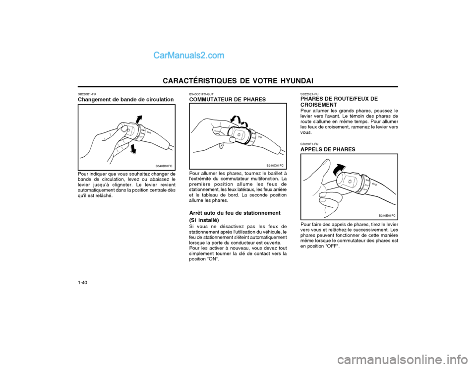 Hyundai Matrix 2004  Manuel du propriétaire (in French) CARACTÉRISTIQUES DE VOTRE HYUNDAI
1-40 B340C01FC-GUT COMMUTATEUR DE PHARES
SB220E1-FU PHARES DE ROUTE/FEUX DE CROISEMENT Pour allumer les grands phares, poussez le levier vers lavant. Le témoin des