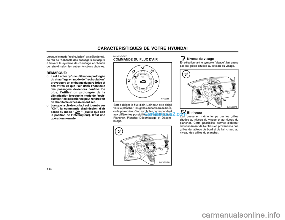 Hyundai Matrix 2004 Manuel du propriétaire (in French) CARACTÉRISTIQUES DE VOTRE HYUNDAI
1-60 B670D01S-GUT COMMANDE DU FLUX DAIR
Sert à diriger le flux dair. Lair peut être dirigé
vers le plancher, les grilles du tableau de bord, ou le pare-brise. Hyundai Matrix 2004 Manuel du propriétaire (in French) CARACTÉRISTIQUES DE VOTRE HYUNDAI
1-60 B670D01S-GUT COMMANDE DU FLUX DAIR
Sert à diriger le flux dair. Lair peut être dirigé
vers le plancher, les grilles du tableau de bord, ou le pare-brise.