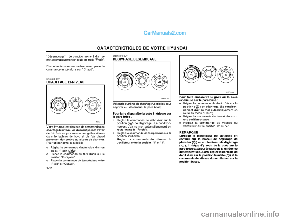 Hyundai Matrix 2004  Manuel du propriétaire (in French) CARACTÉRISTIQUES DE VOTRE HYUNDAI
1-62 Utilisez le système de chauffage/ventilation pour dégivrer ou  désembuer le pare-brise; Pour faire disparaître la buée intérieure sur le pare-brise .
o R�