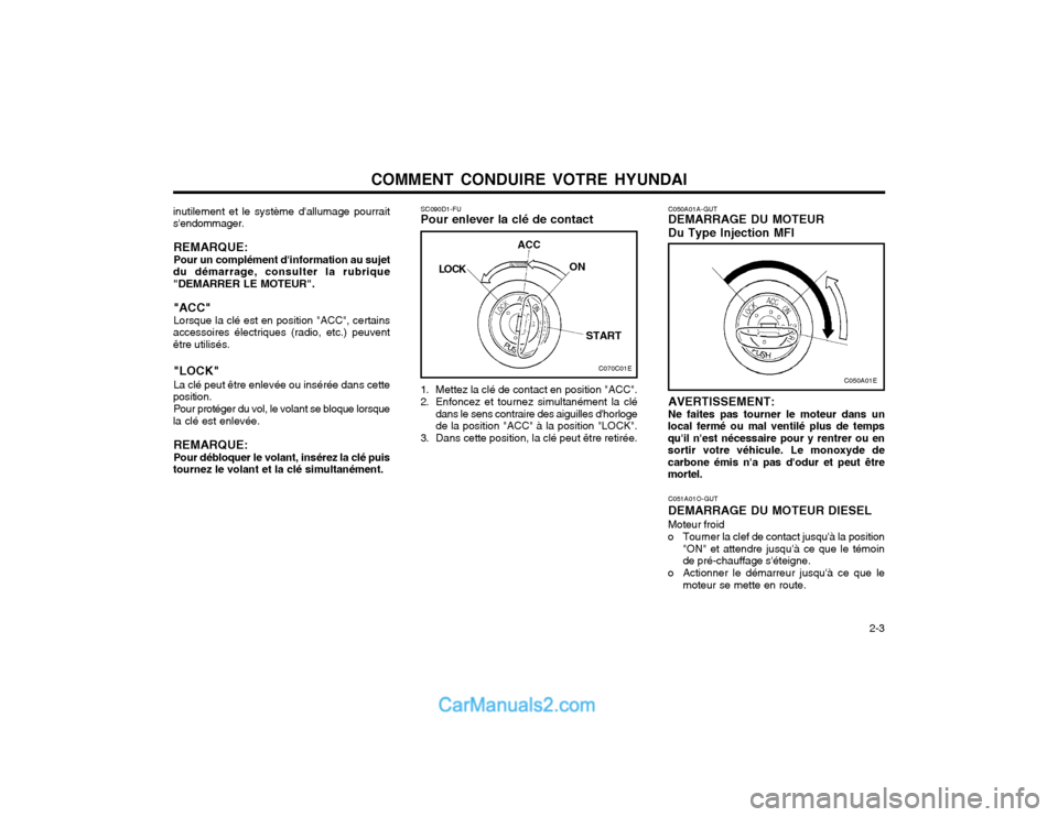 Hyundai Matrix 2004  Manuel du propriétaire (in French) COMMENT CONDUIRE VOTRE HYUNDAI  2-3
inutilement et le système dallumage pourrait sendommager.
REMARQUE:Pour un complément dinformation au sujet
du démarrage, consulter la rubrique"DEMARRER LE MO