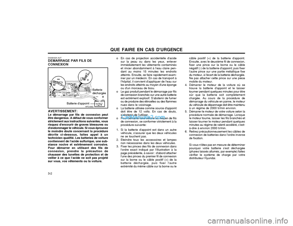 Hyundai Matrix 2004  Manuel du propriétaire (in French) QUE FAIRE EN CAS DURGENCE
3-2 D020A02A-AUT DEMARRAGE PAR FILS DE CONNEXION AVERTISSEMENT: Le démarrage par fils de connexion peut
être dangereux. A défaut de vous conformer strictement aux instruc