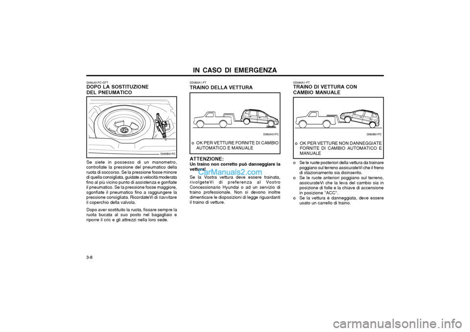 Hyundai Matrix 2004 Manuale del proprietario (in Italian) IN CASO DI EMERGENZA
3-8 SD090A1-FT TRAINO DI VETTURA CON CAMBIO MANUALE
o OK PER VETTURE NON DANNEGGIATE FORNITE DI CAMBIO AUTOMATICO E MANUALE
o Se le ruote posteriori della vettura da trainare pogg Hyundai Matrix 2004 Manuale del proprietario (in Italian) IN CASO DI EMERGENZA
3-8 SD090A1-FT TRAINO DI VETTURA CON CAMBIO MANUALE
o OK PER VETTURE NON DANNEGGIATE FORNITE DI CAMBIO AUTOMATICO E MANUALE
o Se le ruote posteriori della vettura da trainare pogg