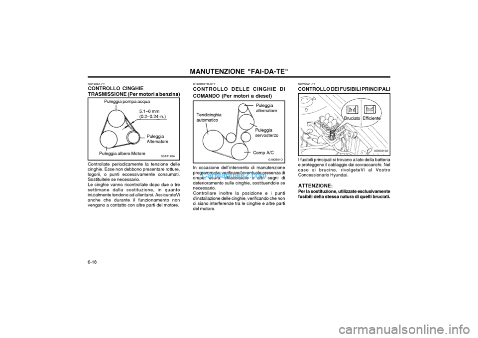 Hyundai Matrix 2004 Manuale del proprietario (in Italian) MANUTENZIONE "FAI-DA-TE"
6-18 SG200A1-FT
CONTROLLO DEI FUSIBILI PRINCIPALI
AS60310A
Bruciato
Efficiente
I fusibili principali si trovano a lato della batteria e proteggono il cablaggio dai sovraccaric Hyundai Matrix 2004 Manuale del proprietario (in Italian) MANUTENZIONE "FAI-DA-TE"
6-18 SG200A1-FT
CONTROLLO DEI FUSIBILI PRINCIPALI
AS60310A
Bruciato
Efficiente
I fusibili principali si trovano a lato della batteria e proteggono il cablaggio dai sovraccaric