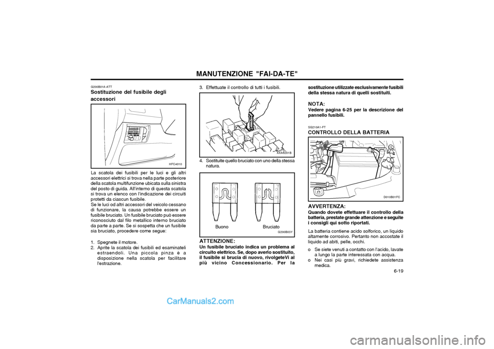 Hyundai Matrix 2004  Manuale del proprietario (in Italian)   6-19
MANUTENZIONE "FAI-DA-TE"
SG210A1-FT
CONTROLLO DELLA BATTERIA sostituzione utilizzate esclusivamente fusibili della stessa natura di quelli sostituiti. NOTA: Vedere pagina 6-25 per la descrizion