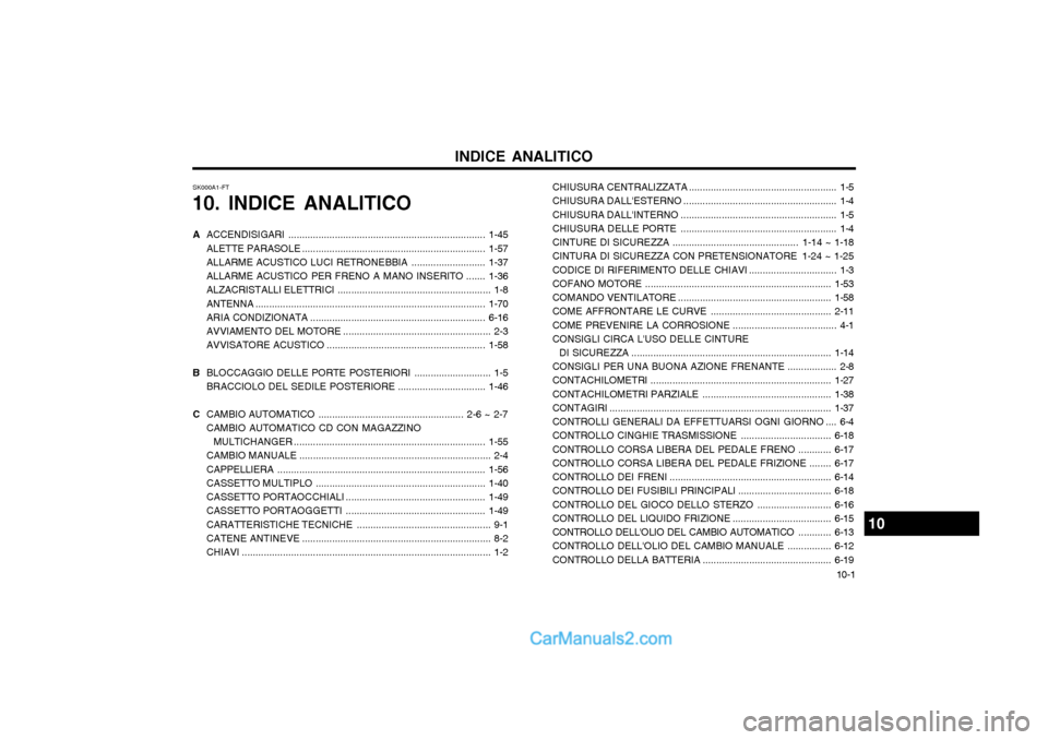 Hyundai Matrix 2004 Manuale del proprietario (in Italian) 10-1
INDICE ANALITICO
A ACCENDISIGARI ............... ......................................................... 1-45
ALETTE PARASOLE ................................................................... Hyundai Matrix 2004 Manuale del proprietario (in Italian) 10-1
INDICE ANALITICO
A ACCENDISIGARI ............... ......................................................... 1-45
ALETTE PARASOLE ...................................................................