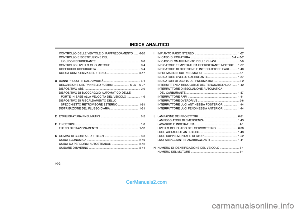 Hyundai Matrix 2004  Manuale del proprietario (in Italian) INDICE ANALITICO
10-2 CONTROLLO DELLE VENTOLE 
DI RAFFREDDAMENTO ......6-20
CONTROLLO E SOSTITUZIONE DEL
LIQUIDO REFRIGERANTE ........................................................ 6-8
CONTROLLO LIV