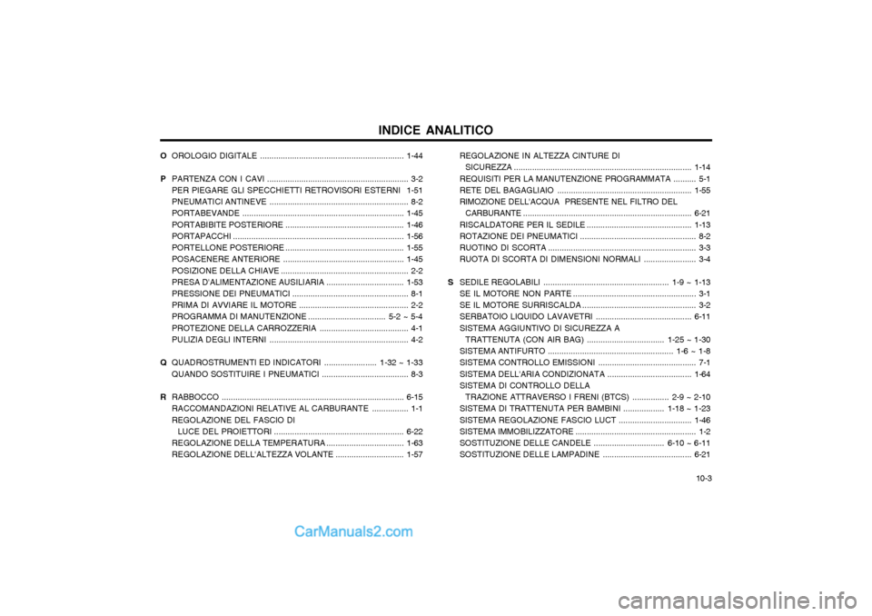 Hyundai Matrix 2004  Manuale del proprietario (in Italian) 10-3
INDICE ANALITICO
O OROLOGIO DIGITALE ............................................................... 1-44
P PARTENZA CON I  CAVI .............................................................. 3-2