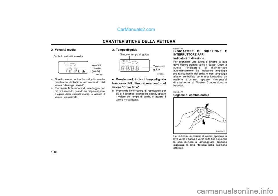 Hyundai Matrix 2004  Manuale del proprietario (in Italian) CARATTERISTICHE DELLA VETTURA
1-40 3. Tempo di guida 
o Questo modo indica il tempo di guida trascorso dallultimo azzeramento delvalore "Drive time".
o Premendo linterruttore di resettaggio per più