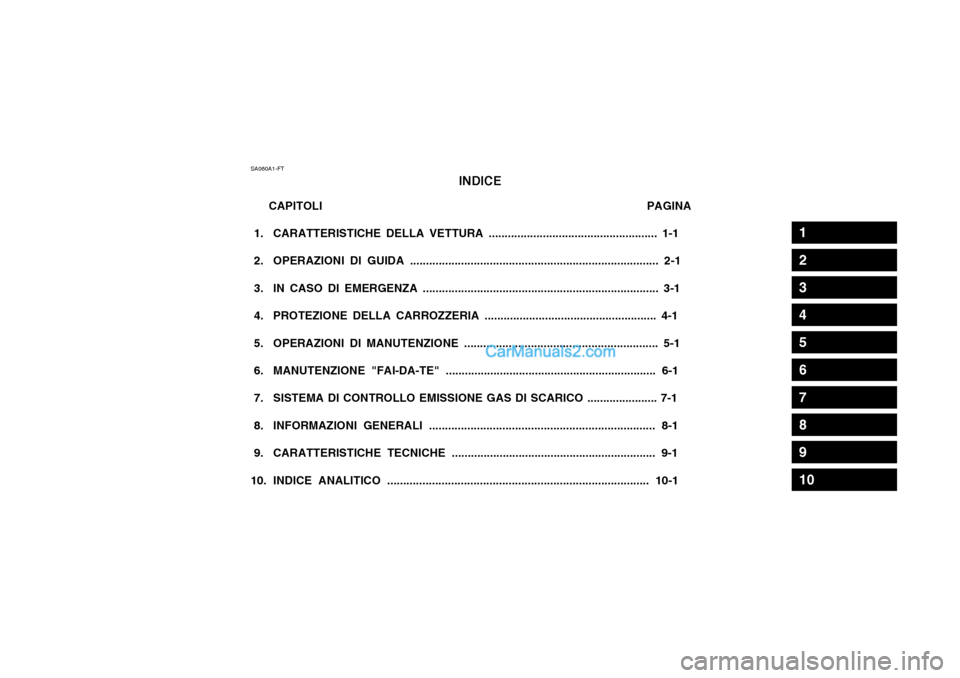 Hyundai Matrix 2004  Manuale del proprietario (in Italian) SA060A1-FTINDICE
CAPITOLI                                                                                                  PAGINA
 1. CARATTERISTICHE DELLA VETTURA ....................................