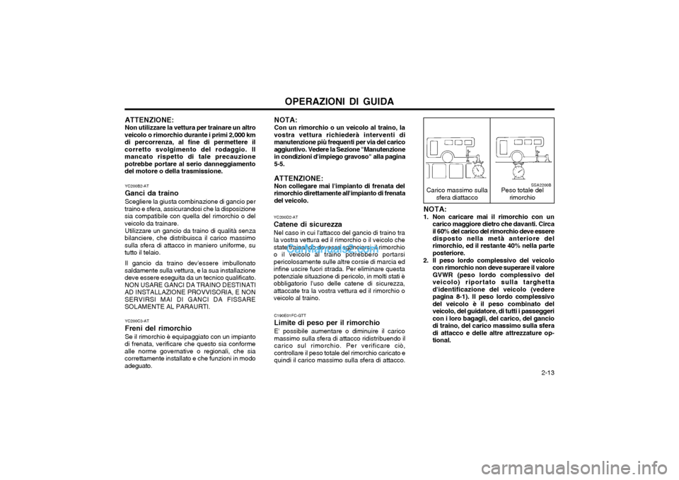 Hyundai Matrix 2004 Manuale del proprietario (in Italian) OPERAZIONI DI GUIDA 2-13
SSA2200B
Carico massimo sulla
sfera diattacco Peso totale del
rimorchio
NOTA: Con un rimorchio o un veicolo al traino, la
vostra vettura richiederà interventi di manutenzion Hyundai Matrix 2004 Manuale del proprietario (in Italian) OPERAZIONI DI GUIDA 2-13
SSA2200B
Carico massimo sulla
sfera diattacco Peso totale del
rimorchio
NOTA: Con un rimorchio o un veicolo al traino, la
vostra vettura richiederà interventi di manutenzion