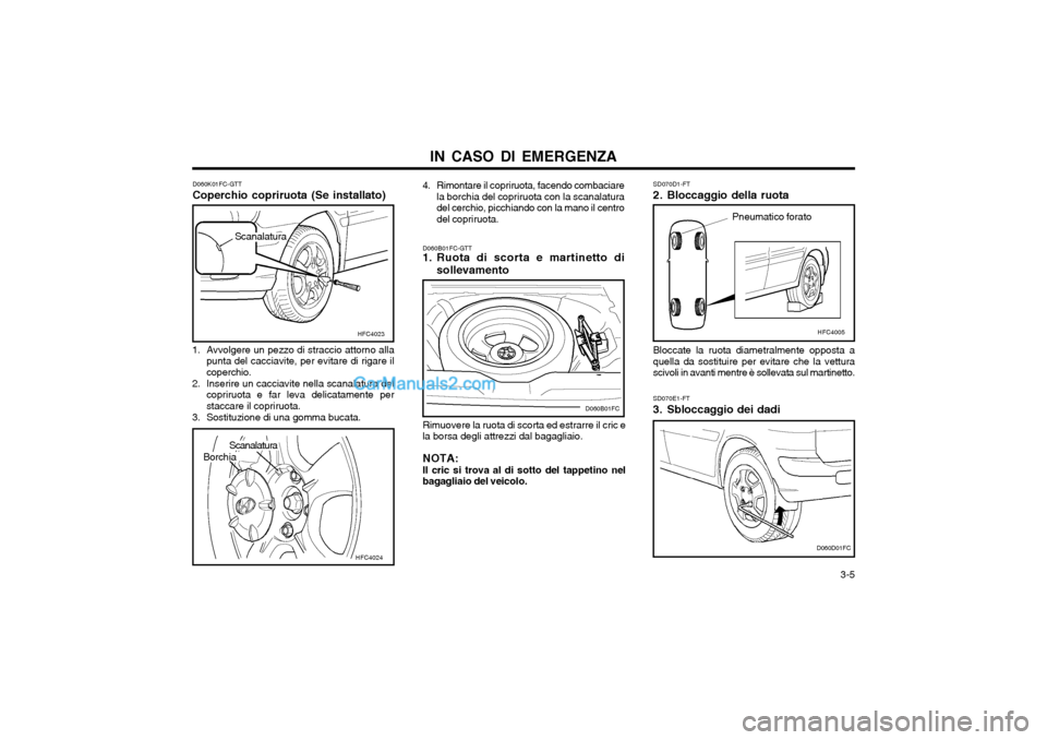 Hyundai Matrix 2004 Manuale del proprietario (in Italian) IN CASO DI EMERGENZA 3-5
D060B01FC-GTT
1. Ruota di scorta e martinetto di
sollevamento
Rimuovere la ruota di scorta ed estrarre il cric e la borsa degli attrezzi dal bagagliaio. NOTA: Il cric si trov Hyundai Matrix 2004 Manuale del proprietario (in Italian) IN CASO DI EMERGENZA 3-5
D060B01FC-GTT
1. Ruota di scorta e martinetto di
sollevamento
Rimuovere la ruota di scorta ed estrarre il cric e la borsa degli attrezzi dal bagagliaio. NOTA: Il cric si trov