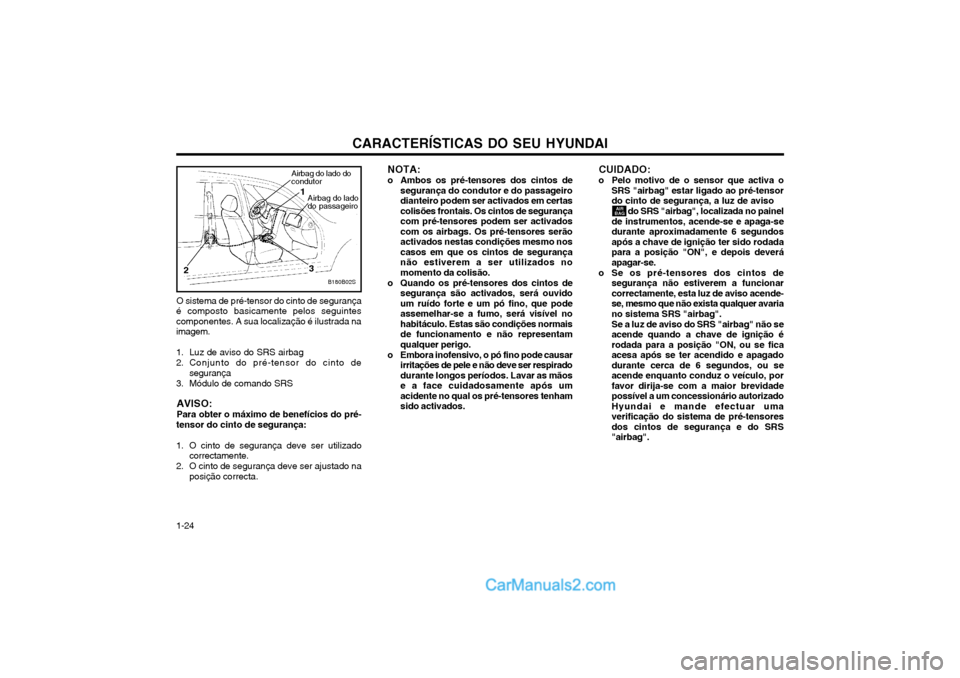 Hyundai Matrix 2004 Manual do proprietário (in Portuguese) CARACTERÍSTICAS DO SEU HYUNDAI
1-24 B180B02S
1
2
3
Airbag do lado do
condutor
Airbag do lado do passageiro
O sistema de pré-tensor do cinto de segurança
é composto basicamente pelos seguintes comp Hyundai Matrix 2004 Manual do proprietário (in Portuguese) CARACTERÍSTICAS DO SEU HYUNDAI
1-24 B180B02S
1
2
3
Airbag do lado do
condutor
Airbag do lado do passageiro
O sistema de pré-tensor do cinto de segurança
é composto basicamente pelos seguintes comp