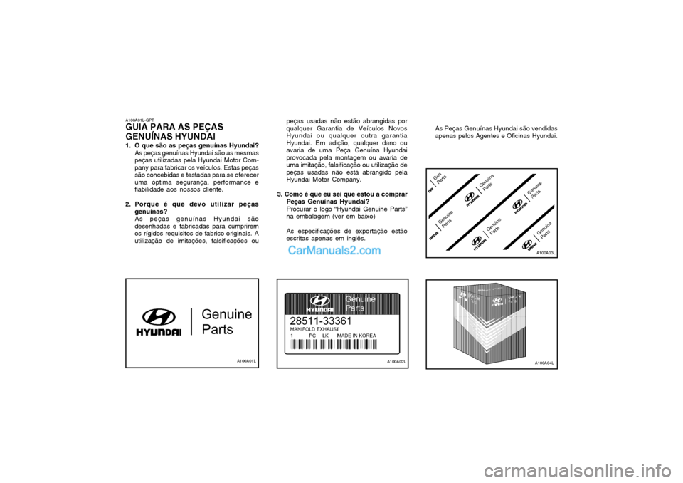 Hyundai Matrix 2004  Manual do proprietário (in Portuguese) A100A01L-GPT
GUIA PARA AS PEÇAS GENUÍNAS HYUNDAI 
1. O que são as peças genuínas Hyundai? As peças genuínas Hyundai são as mesmas peças utilizadas pela Hyundai Motor Com-pany para fabricar os