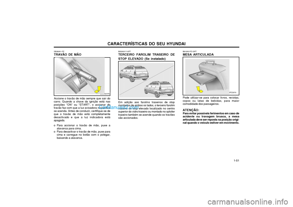 Hyundai Matrix 2004 Manual do proprietário (in Portuguese) CARACTERÍSTICAS DO SEU HYUNDAI 1-51
SB380A1-FP TRAVÃO DE MÃO Accione o travão de mão sempre que sair do
carro. Quando a chave da ignição está nas
posições "ON" ou "START", o accionar dotrav Hyundai Matrix 2004 Manual do proprietário (in Portuguese) CARACTERÍSTICAS DO SEU HYUNDAI 1-51
SB380A1-FP TRAVÃO DE MÃO Accione o travão de mão sempre que sair do
carro. Quando a chave da ignição está nas
posições "ON" ou "START", o accionar dotrav