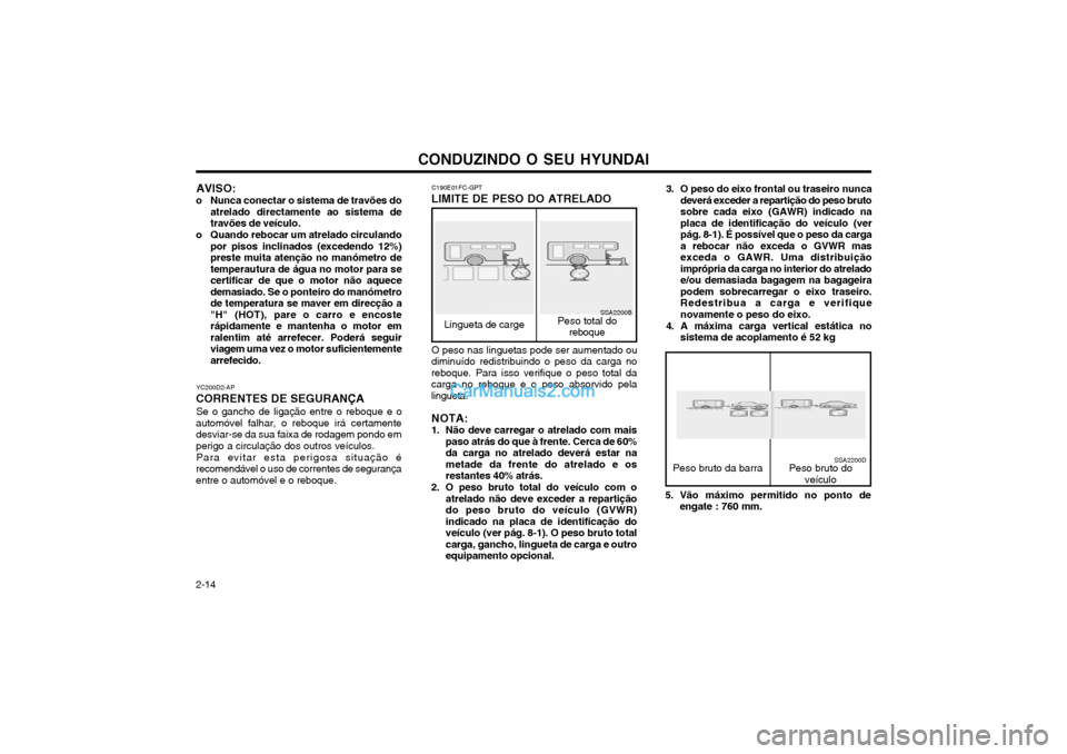 Hyundai Matrix 2004  Manual do proprietário (in Portuguese) CONDUZINDO O SEU HYUNDAI
2-14 5. Vão máximo permitido no ponto de
engate : 760 mm.
3. O peso do eixo frontal ou traseiro nunca
deverá exceder a repartição do peso bruto sobre cada eixo (GAWR) ind