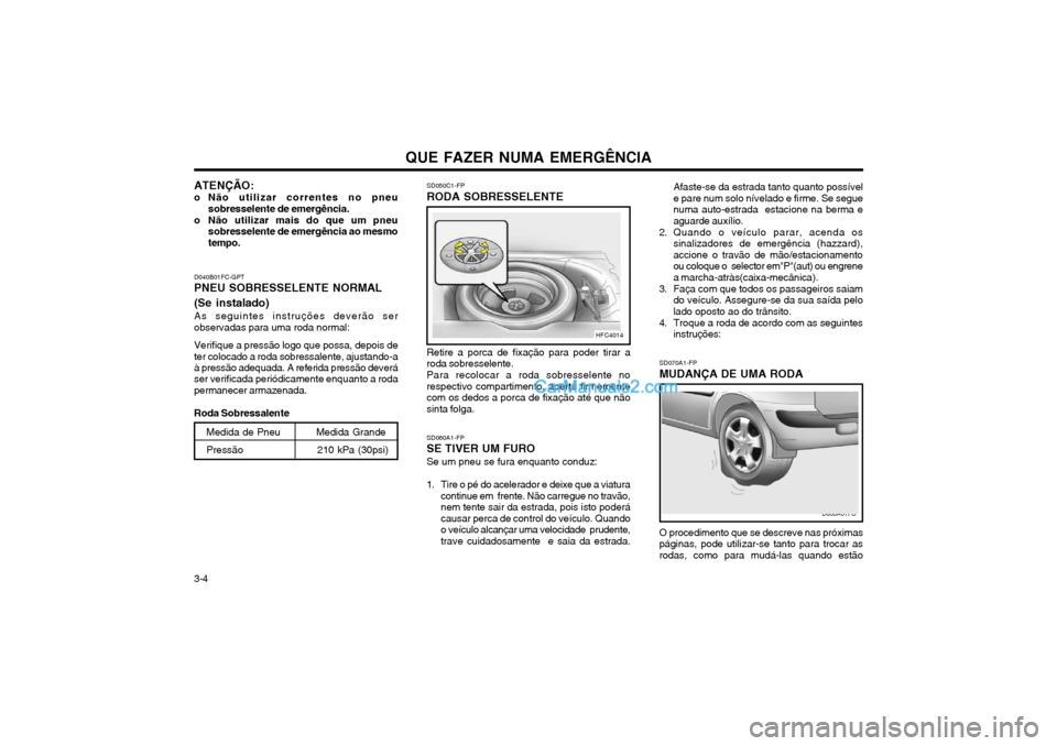Hyundai Matrix 2004 Manual do proprietário (in Portuguese) QUE FAZER NUMA EMERGÊNCIA
3-4 SD070A1-FP
MUDANÇA DE UMA RODA
SD050C1-FP
RODA SOBRESSELENTE
Retire a porca de fixação para poder tirar a roda sobresselente. Para recolocar a roda sobresselente no r Hyundai Matrix 2004 Manual do proprietário (in Portuguese) QUE FAZER NUMA EMERGÊNCIA
3-4 SD070A1-FP
MUDANÇA DE UMA RODA
SD050C1-FP
RODA SOBRESSELENTE
Retire a porca de fixação para poder tirar a roda sobresselente. Para recolocar a roda sobresselente no r