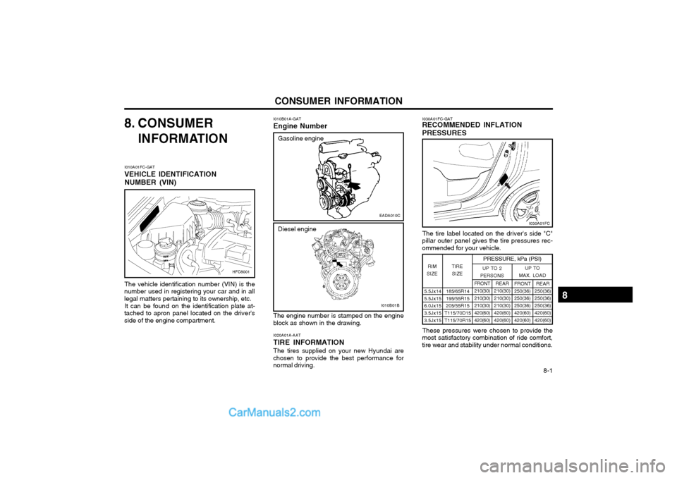 Hyundai Matrix 2003  Owners Manual CONSUMER INFORMATION 8-1
8. CONSUMER
INFORMATION
I010A01FC-GAT
VEHICLE IDENTIFICATION NUMBER (VIN) The vehicle identification number (VIN) is the
number used in registering your car and in all legal m