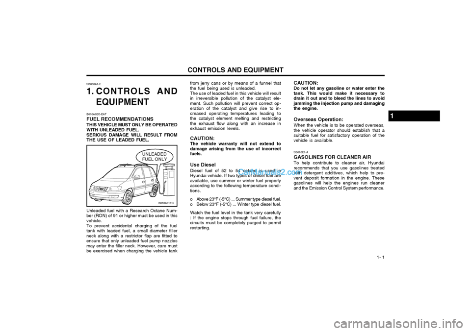 Hyundai Matrix 2003  Owners Manual  1- 1
CONTROLS AND EQUIPMENTfrom jerry cans or by means of a funnel that the fuel being used is unleaded. The use of leaded fuel in this vehicle will result in irreversible pollution of the catalyst e