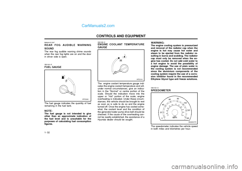 Hyundai Matrix 2003  Owners Manual CONTROLS AND EQUIPMENT
1- 32
The fuel gauge indicates the quantity of fuel remaining in the fuel tank. NOTE: The fuel gauge is not intended to giveother than an approximate indication ofthe fuel level