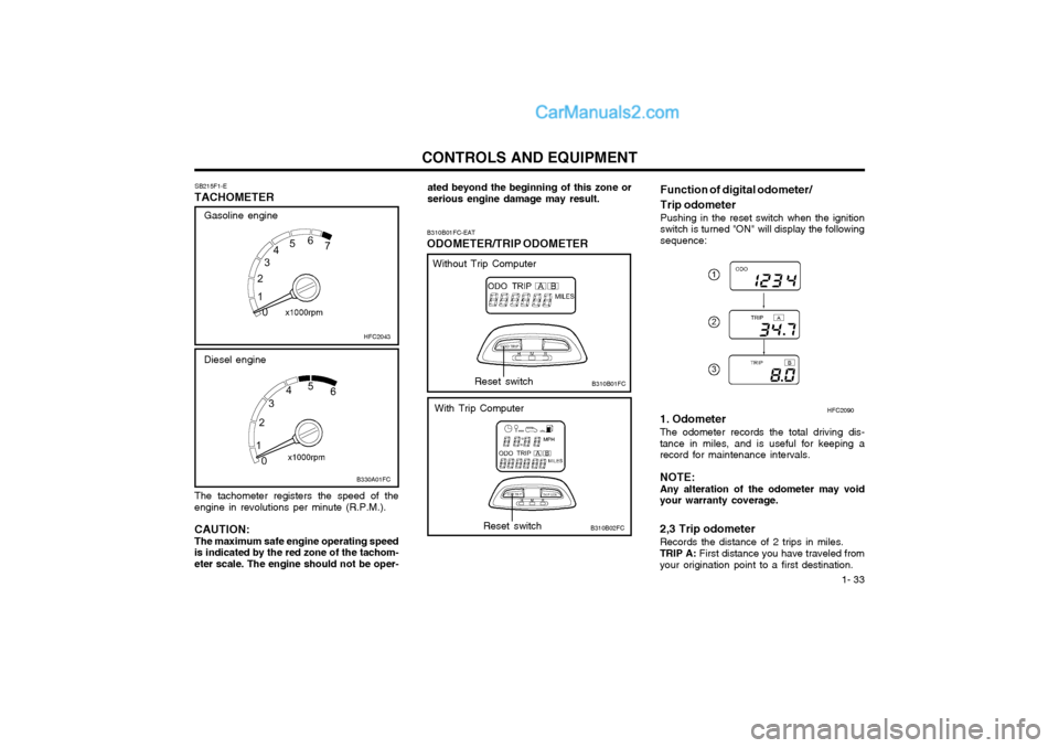 Hyundai Matrix 2003  Owners Manual  1- 33
CONTROLS AND EQUIPMENT
The tachometer registers the speed of the engine in revolutions per minute (R.P.M.). CAUTION: The maximum safe engine operating speed is indicated by the red zone of the 
