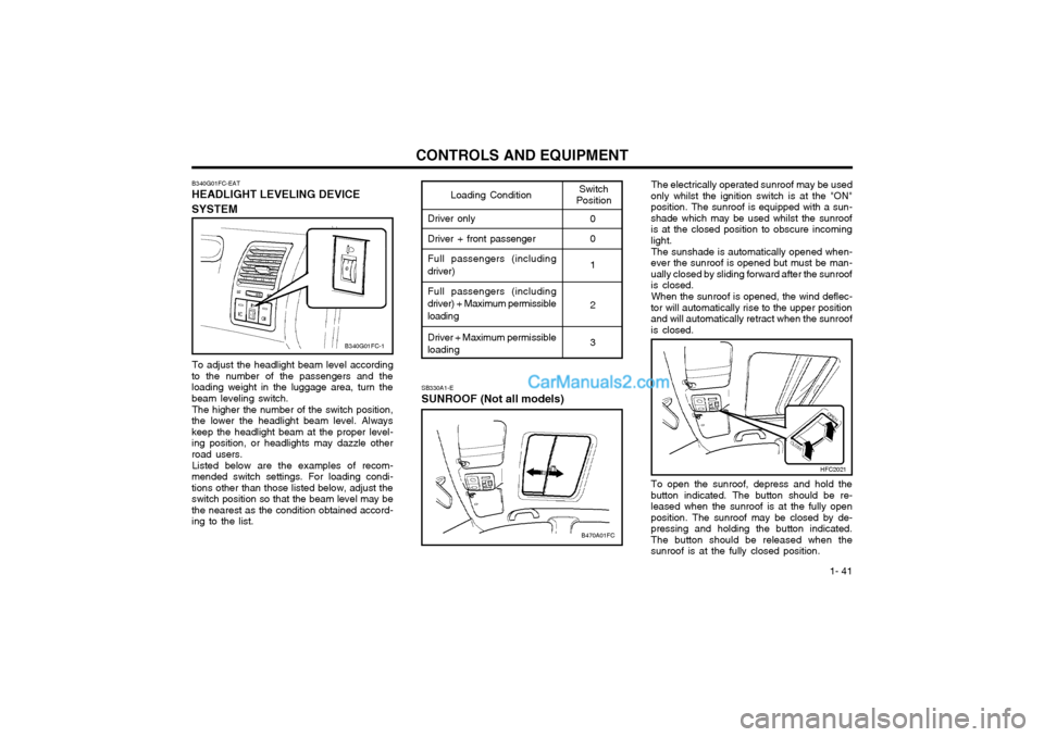 Hyundai Matrix 2003  Owners Manual  1- 41
CONTROLS AND EQUIPMENTSB330A1-E SUNROOF (Not all models)
To adjust the headlight beam level according
to the number of the passengers and the loading weight in the luggage area, turn thebeam le