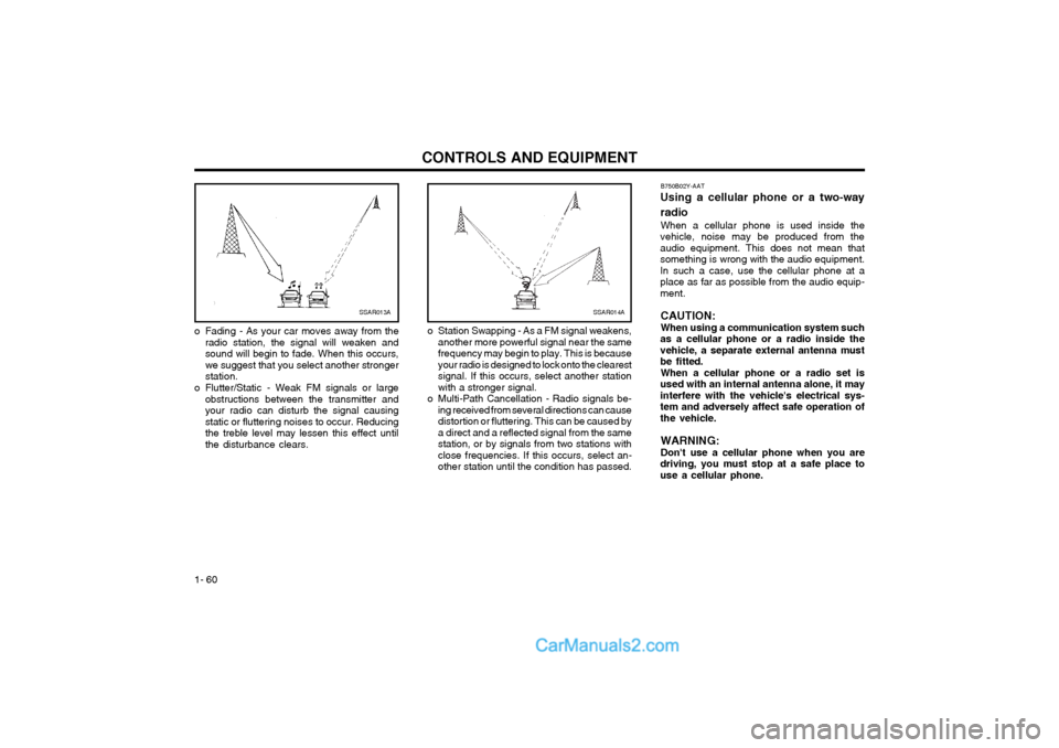 Hyundai Matrix 2003  Owners Manual CONTROLS AND EQUIPMENT
1- 60 B750B02Y-AAT
Using a cellular phone or a two-way radio
When a cellular phone is used inside the
vehicle, noise may be produced from the audio equipment. This does not mean
