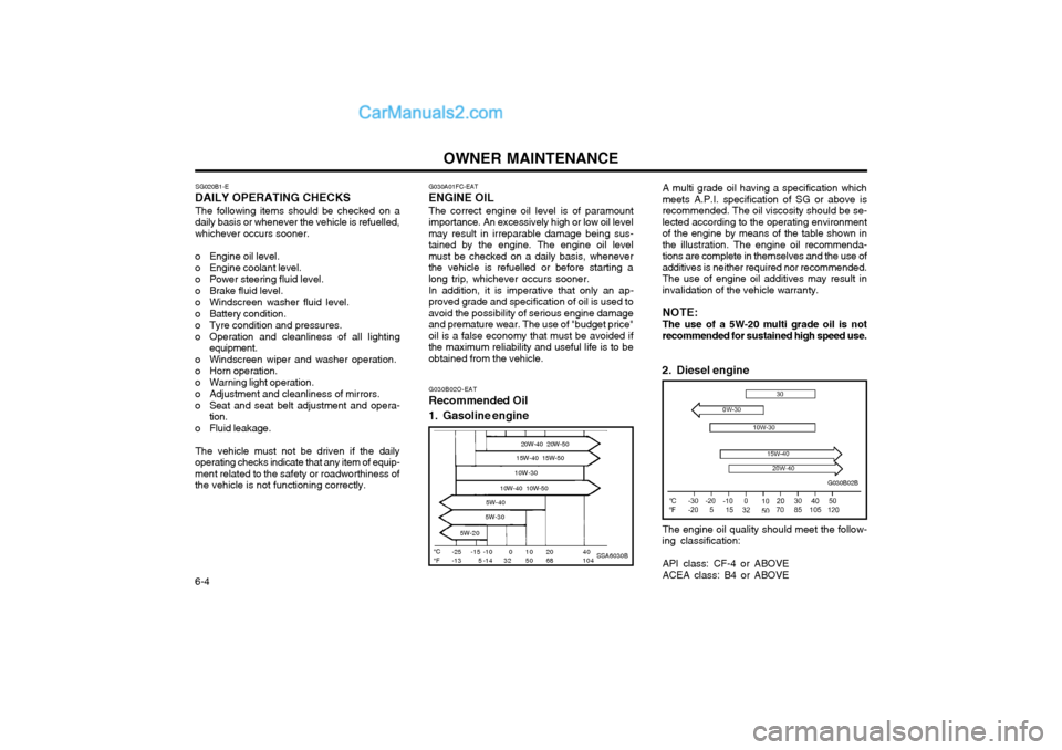 Hyundai Matrix 2003  Owners Manual OWNER MAINTENANCE
6-4
SG020B1-E
DAILY OPERATING CHECKS
The following items should be checked on a
daily basis or whenever the vehicle is refuelled, whichever occurs sooner. 
o Engine oil level. 
o Eng