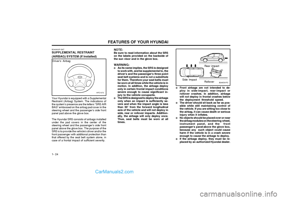 Hyundai Matrix 2003  Owners Manual FEATURES OF YOUR HYUNDAI
1- 24
B240C01FC
Rear impact
Side Impact Rollover
o Front airbags are not intended to de- ploy in side-impact, rear-impact or rollover crashes. In addition, airbagswill not dep