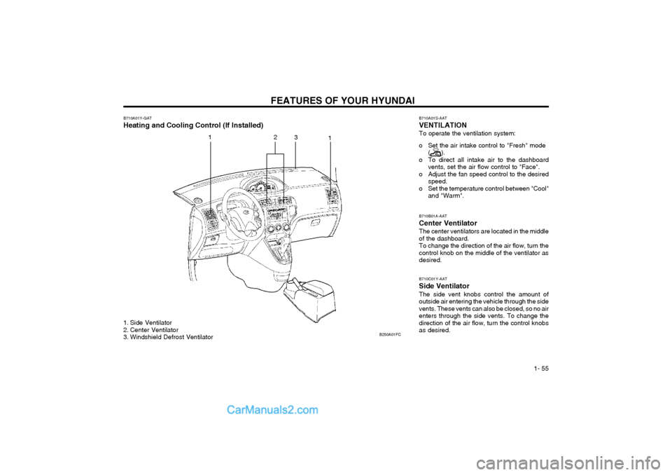 Hyundai Matrix 2003  Owners Manual FEATURES OF YOUR HYUNDAI  1- 55
B710A01Y-GAT Heating and Cooling Control (If Installed) 
1. Side Ventilator 
2. Center Ventilator
3. Windshield Defrost Ventilator
B710B01A-AAT Center Ventilator The ce