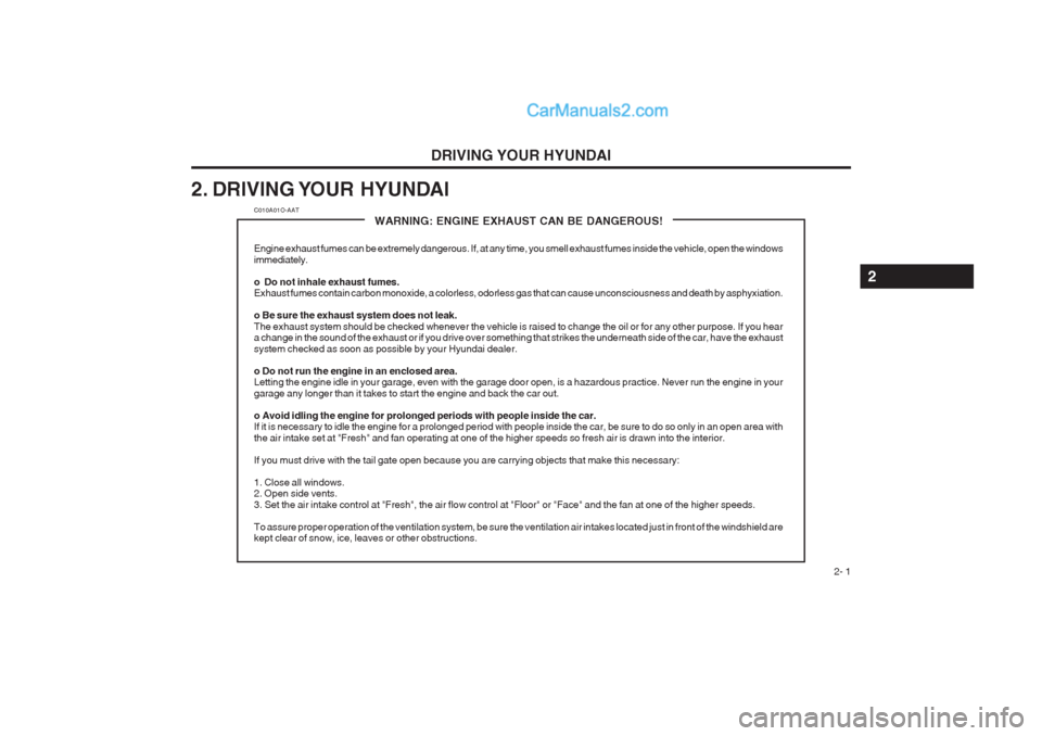 Hyundai Matrix 2003 Owners Manual DRIVING YOUR HYUNDAI 2- 1
2. DRIVING YOUR  HYUNDAI
C010A01O-AAT
WARNING: ENGINE EXHAUST CAN BE DANGEROUS!
Engine exhaust fumes can be extremely dangerous. If, at any time, you smell exhaust fumes insi