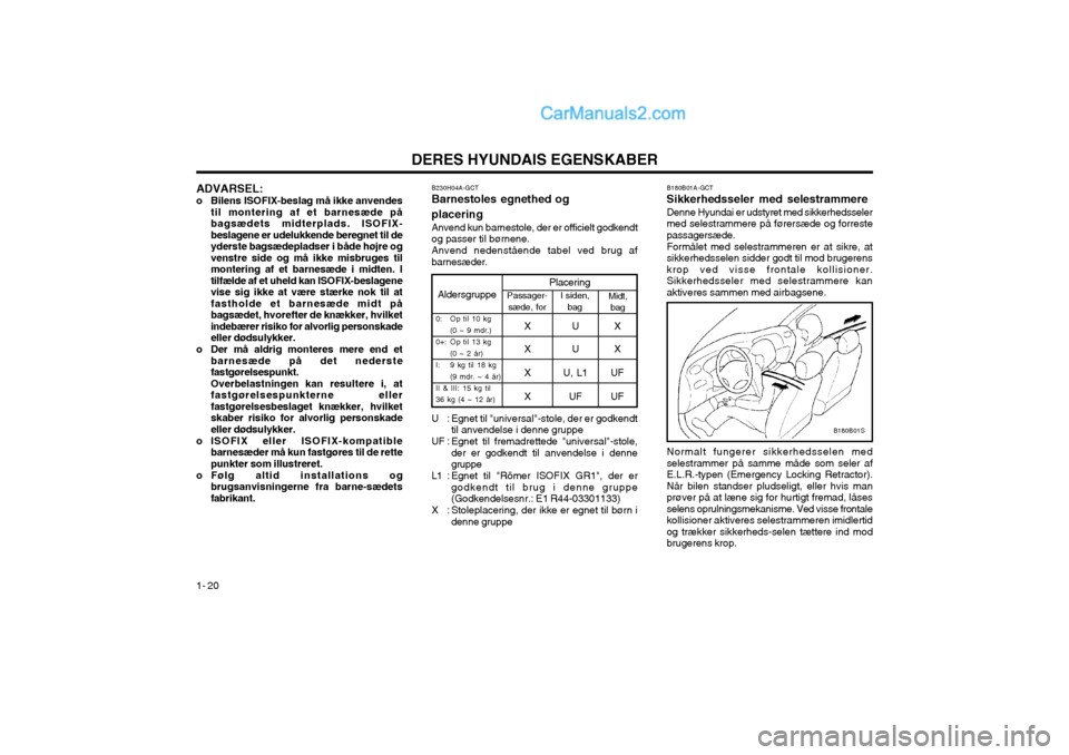 Hyundai Matrix 2003  Instruktionsbog (in Danish) DERES HYUNDAIS EGENSKABER
1- 20 B180B01A-GCT
Sikkerhedsseler med selestrammere
Denne Hyundai er udstyret med sikkerhedsseler med selestrammere på førersæde og forrestepassagersæde. Formålet med s