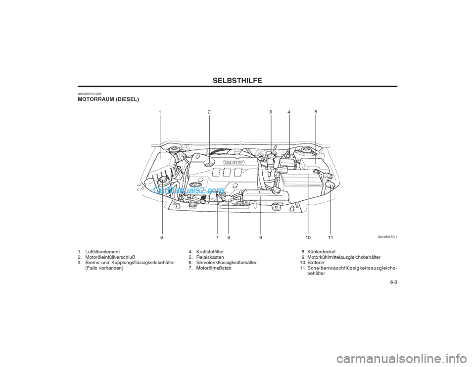 Hyundai Matrix 2003  Betriebsanleitung (in German)   6-3
SELBSTHILFE
G010E01FC-GST MOTORRAUM (DIESEL)
4. Kraftstoffilter 
5. Relaiskasten 
6. Servolenkflüssigkeitbehälter 
7. Motorölmeßstab
1. Luftfilterelement
2. Motoröleinfüllverschluß 
3. Br