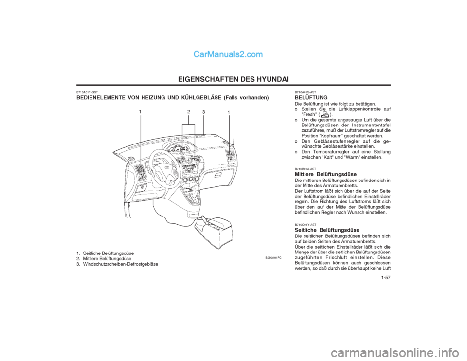 Hyundai Matrix 2003 Betriebsanleitung (in German) 1-57
EIGENSCHAFTEN DES HYUNDAI
1
1
2
3
B250A01FC
B710A01Y-GST BEDIENELEMENTE VON HEIZUNG UND KÜHLGEBLÄSE (Falls vorhanden)
B710C01Y-AST
Seitliche BelüftungsdüseDie seitlichen Belüftungsdüsen b Hyundai Matrix 2003 Betriebsanleitung (in German) 1-57
EIGENSCHAFTEN DES HYUNDAI
1
1
2
3
B250A01FC
B710A01Y-GST BEDIENELEMENTE VON HEIZUNG UND KÜHLGEBLÄSE (Falls vorhanden)
B710C01Y-AST
Seitliche BelüftungsdüseDie seitlichen Belüftungsdüsen b