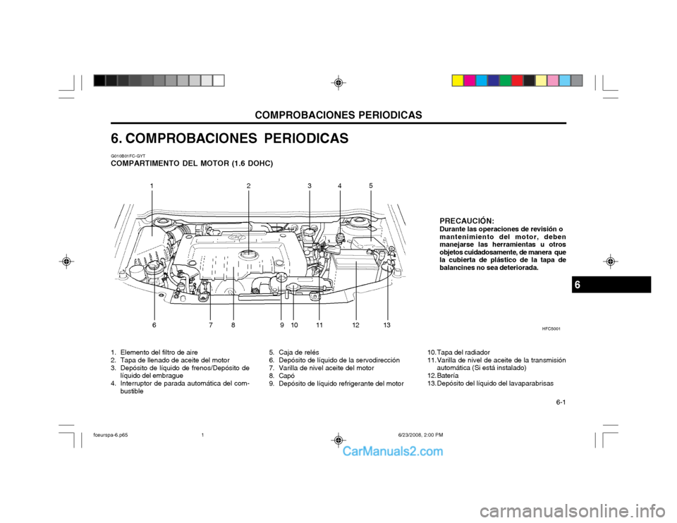 Hyundai Matrix 2003 Manual del propietario (in Spanish) COMPROBACIONES PERIODICAS 6-1
6. COMPROBACIONES PERIODICAS
1. Elemento del filtro de aire
2. Tapa de llenado de aceite del motor
3. Depósito de líquido de frenos/Depósito de líquido del embrague Hyundai Matrix 2003 Manual del propietario (in Spanish) COMPROBACIONES PERIODICAS 6-1
6. COMPROBACIONES PERIODICAS
1. Elemento del filtro de aire
2. Tapa de llenado de aceite del motor
3. Depósito de líquido de frenos/Depósito de líquido del embrague