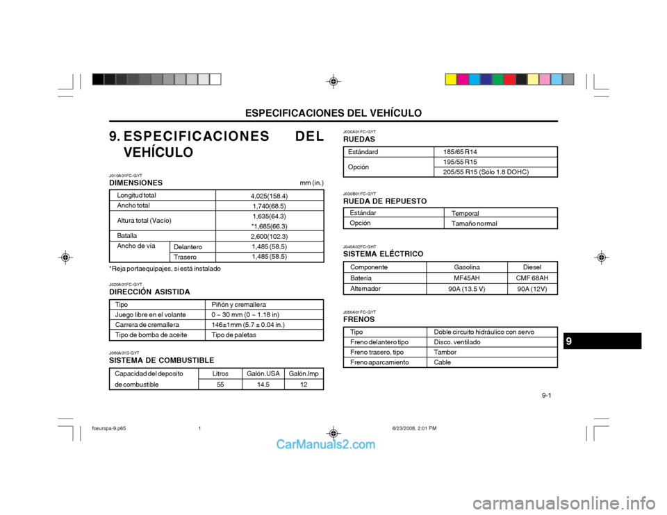Hyundai Matrix 2003  Manual del propietario (in Spanish) ESPECIFICACIONES DEL VEHÍCULO  9-1
Diesel
CMF 68AH 90A (12V)
9. ESPECIFICACIONES DEL
VEHÍCULO J030A01FC-GYT RUEDAS
Estándard Opción
185/65 R14 195/55 R15205/55 R15 (Sólo 1.8 DOHC)
J010A01FC-GYT D