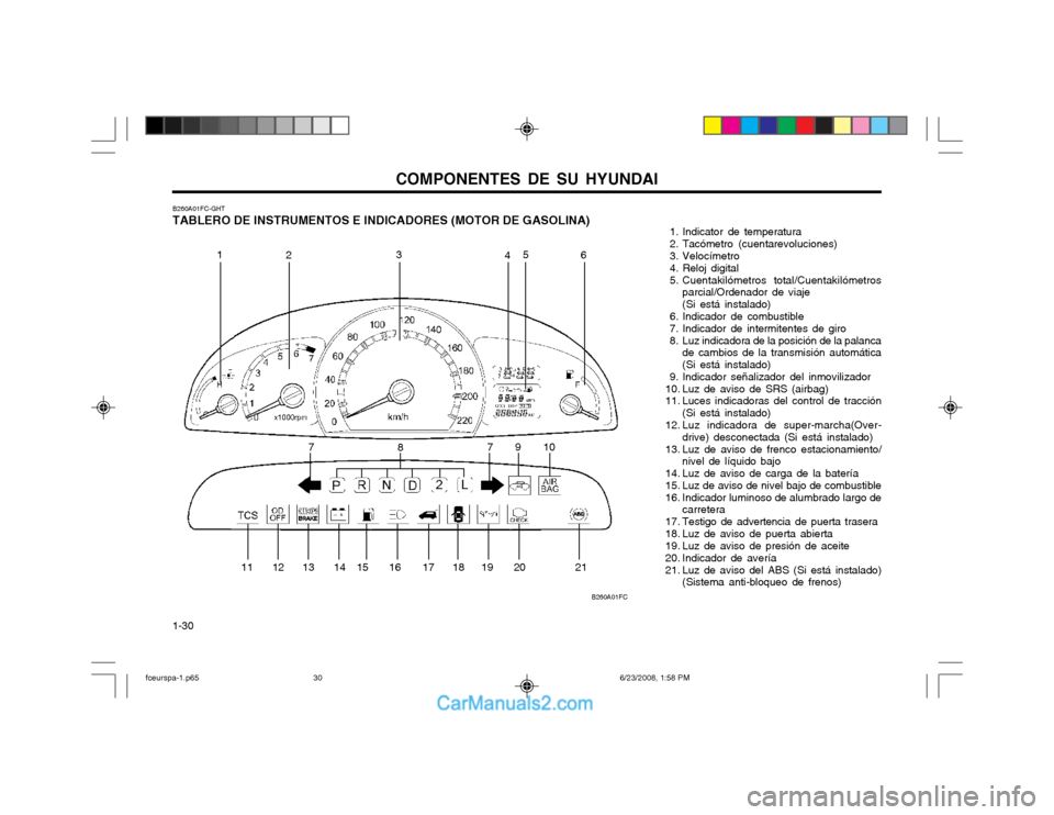 Hyundai Matrix 2003 Manual del propietario (in Spanish) COMPONENTES DE SU HYUNDAI
1-30 1. Indicator de temperatura
2. Tacómetro (cuentarevoluciones)
3. Velocímetro
4. Reloj digital
5. Cuentakilómetros total/Cuentakilómetros
parcial/Ordenador de Hyundai Matrix 2003 Manual del propietario (in Spanish) COMPONENTES DE SU HYUNDAI
1-30 1. Indicator de temperatura
2. Tacómetro (cuentarevoluciones)
3. Velocímetro
4. Reloj digital
5. Cuentakilómetros total/Cuentakilómetros
parcial/Ordenador de