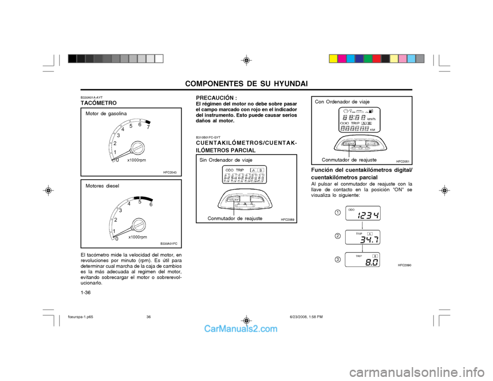 Hyundai Matrix 2003 Manual del propietario (in Spanish) COMPONENTES DE SU HYUNDAI
1-36 El tacómetro mide la velocidad del motor, en
revoluciones por minuto (rpm). Es útil para determinar cual marcha de la caja de cambioses la más adecuada al regimen del Hyundai Matrix 2003 Manual del propietario (in Spanish) COMPONENTES DE SU HYUNDAI
1-36 El tacómetro mide la velocidad del motor, en
revoluciones por minuto (rpm). Es útil para determinar cual marcha de la caja de cambioses la más adecuada al regimen del