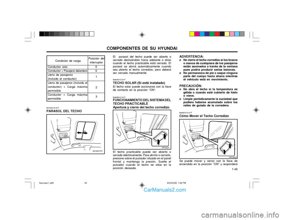 Hyundai Matrix 2003  Manual del propietario (in Spanish) COMPONENTES DE SU HYUNDAI  1-45
B460C01S-AYT Cómo Mover el Techo Corredizo Se puede mover y cerrar con la llave de encendido en la posición "ON" y responderá ADVERTENCIA:
o No cierre el techo corre